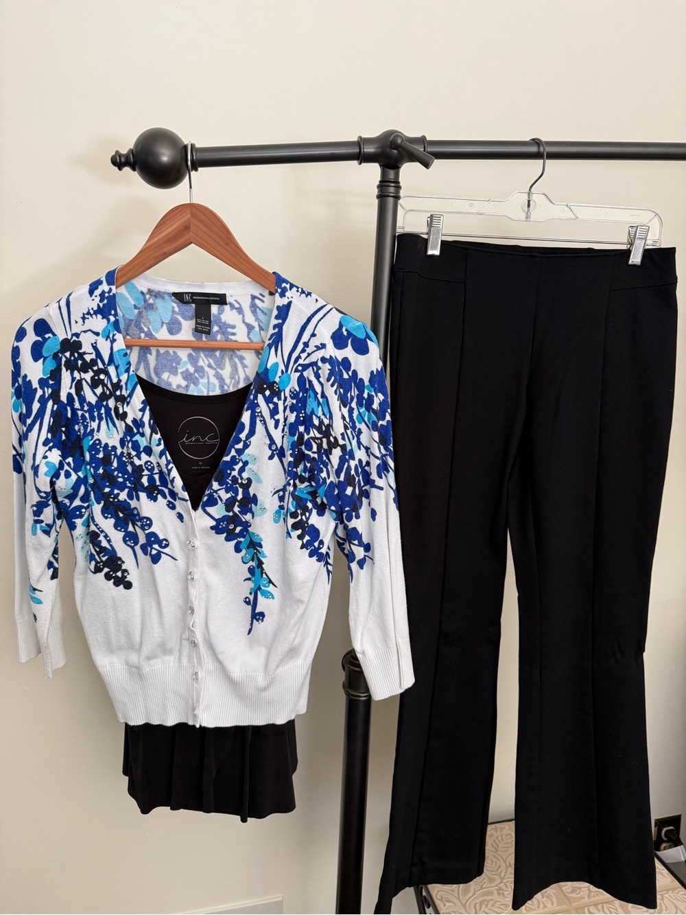 INC International Concepts 3-Piece Pants Set Blue Floral Cardigan Tank S/M